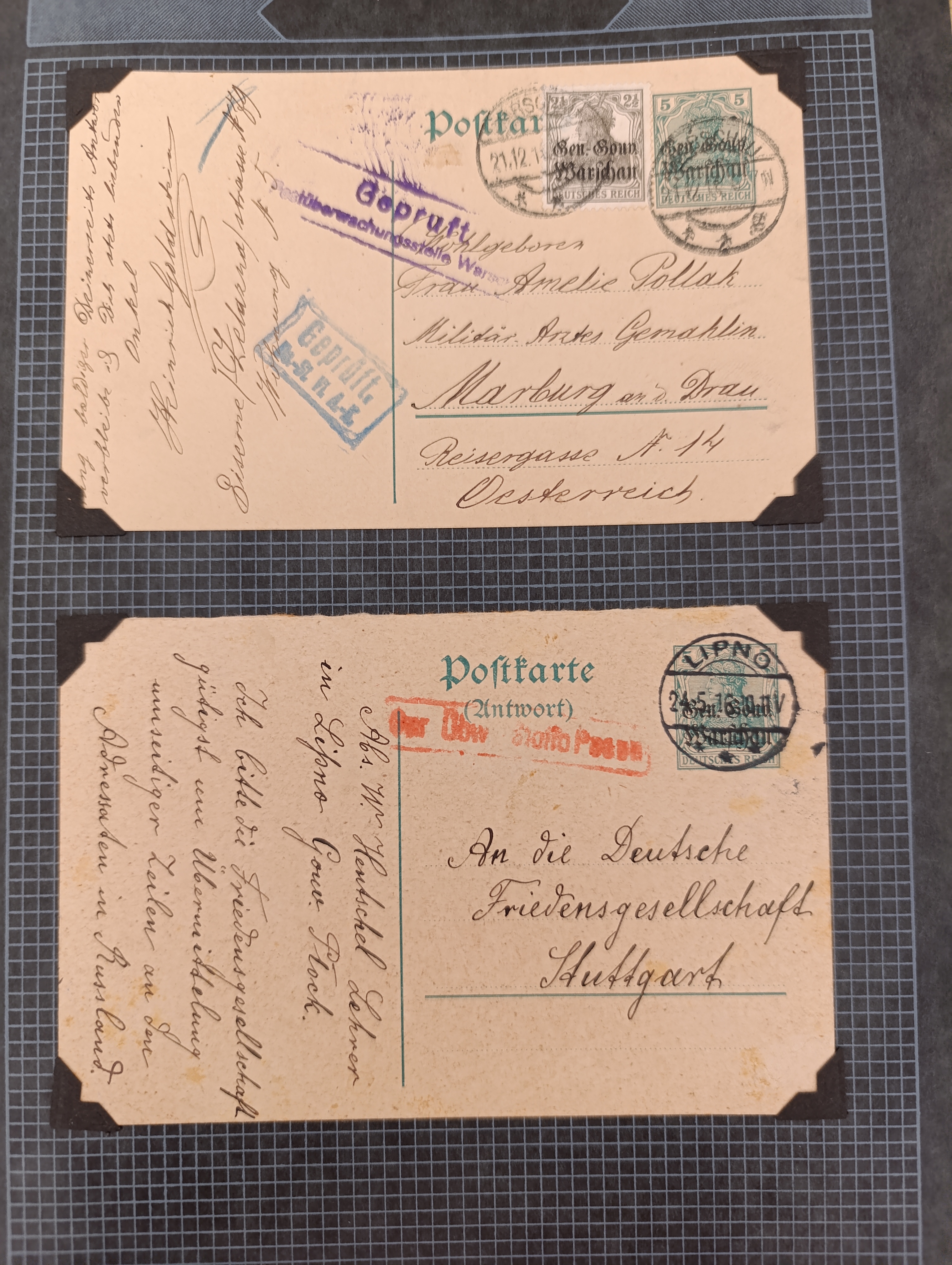 Открытки Gen.-Gouv. Warschau с цензурой, 1916